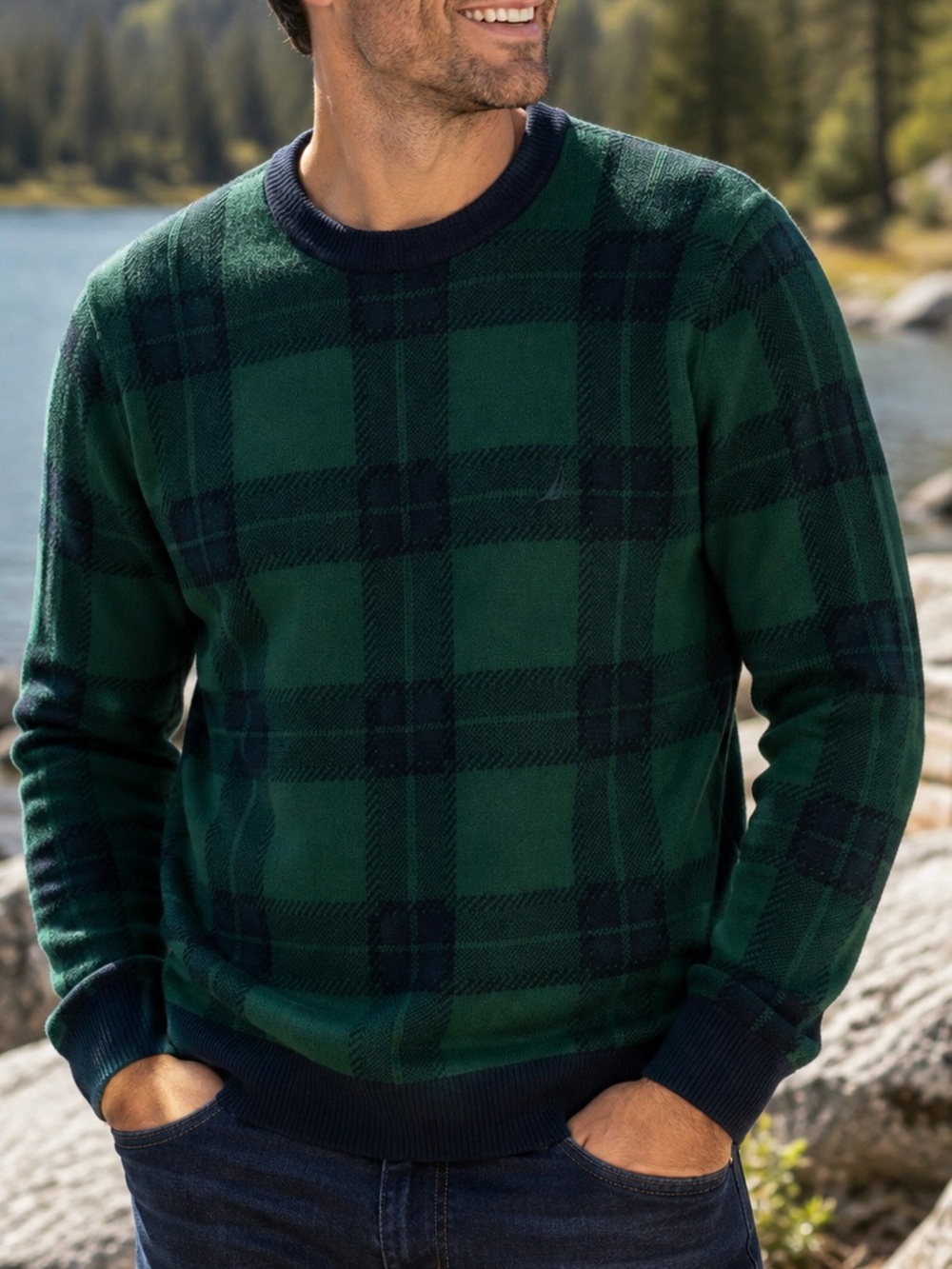 Nautica Navtech Mens Large Green Navy Plaid Crewneck Cotton Sweater
